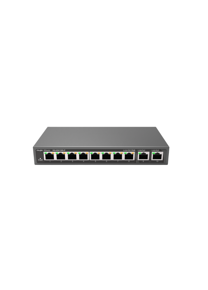 Reyee RG-ES110D-P 10 Portlu, 10/100 Fast Ethernet, Tak Çalıştır Switch, 2 Gigabit Uplink, 8 Port PoE+ (110W)