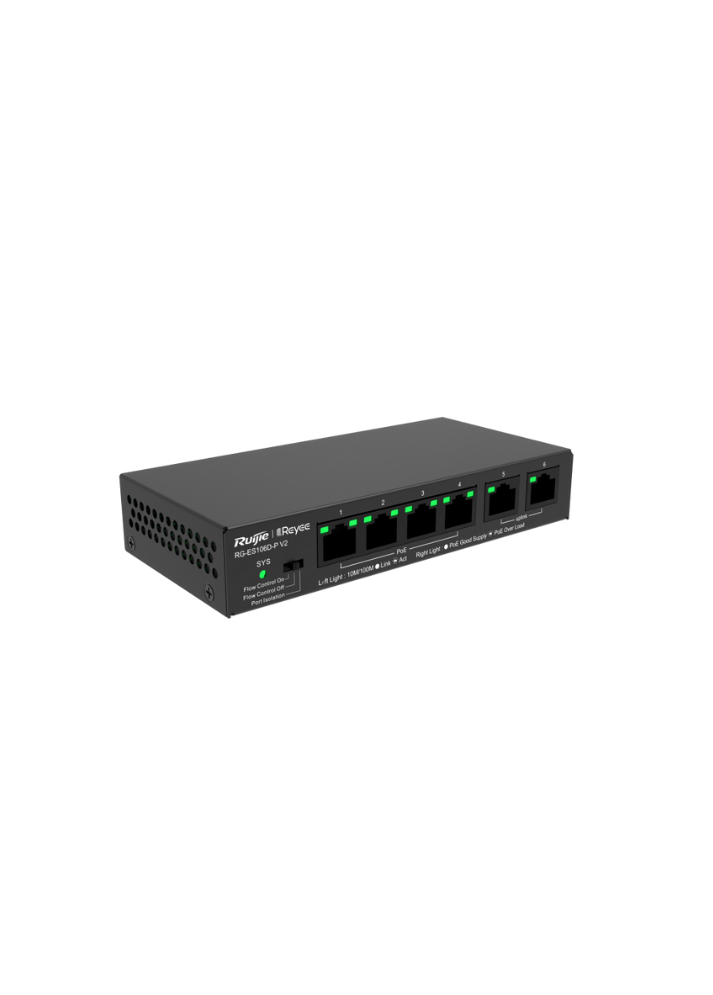 Reyee RG-ES106D-P 6 Portlu, 10/100 Fast Ethernet, Tak Çalıştır Switch, 2 Fast Ethernet Uplink, 4 Port PoE+ (58W)