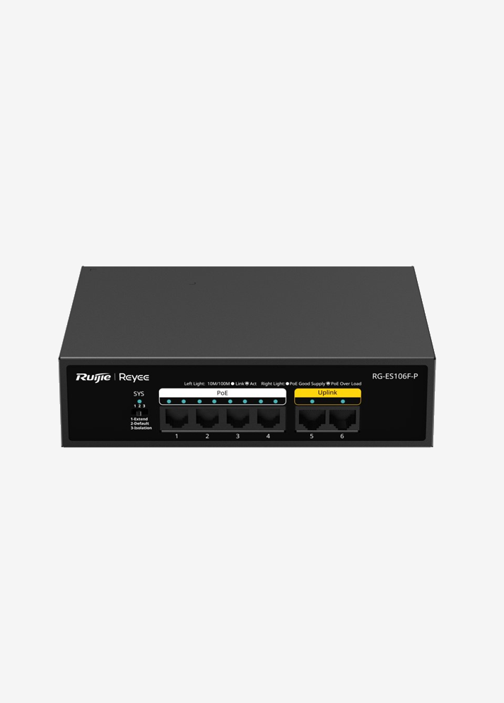 Reyee RG-ES106F-P 6 Portlu, 10/100 Fast Ethernet, Tak Çalıştır Switch, 2 Fast Ethernet Uplink, 4 Port PoE+ (54W)