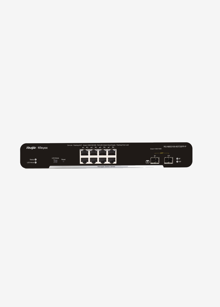 Reyee RG-NBS3100-8GT2SFP-P 8 Portlu, 10/100/1000 Gigabit, L2 Yönetilebilir Switch, 2 SFP, 8 Port PoE+ (125W)